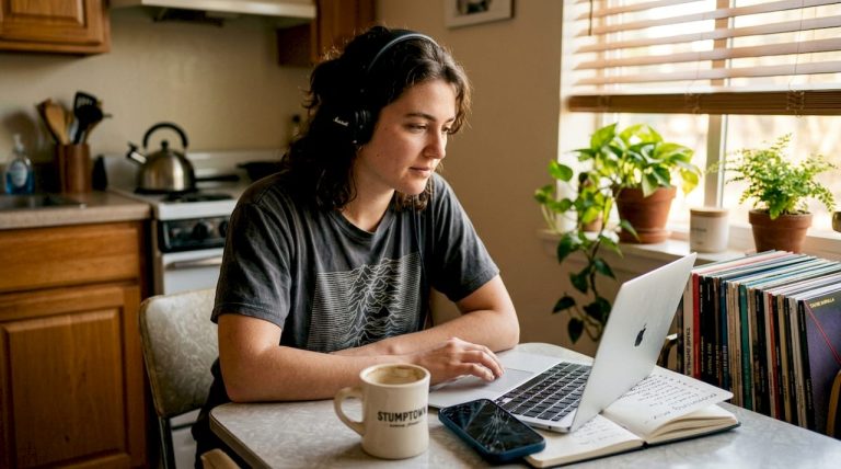 Person using music streaming app in kitchen