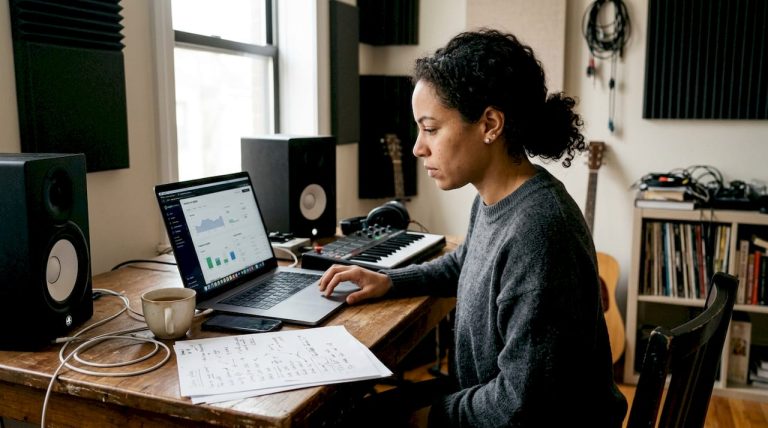 Music producer checking streaming analytics workspace