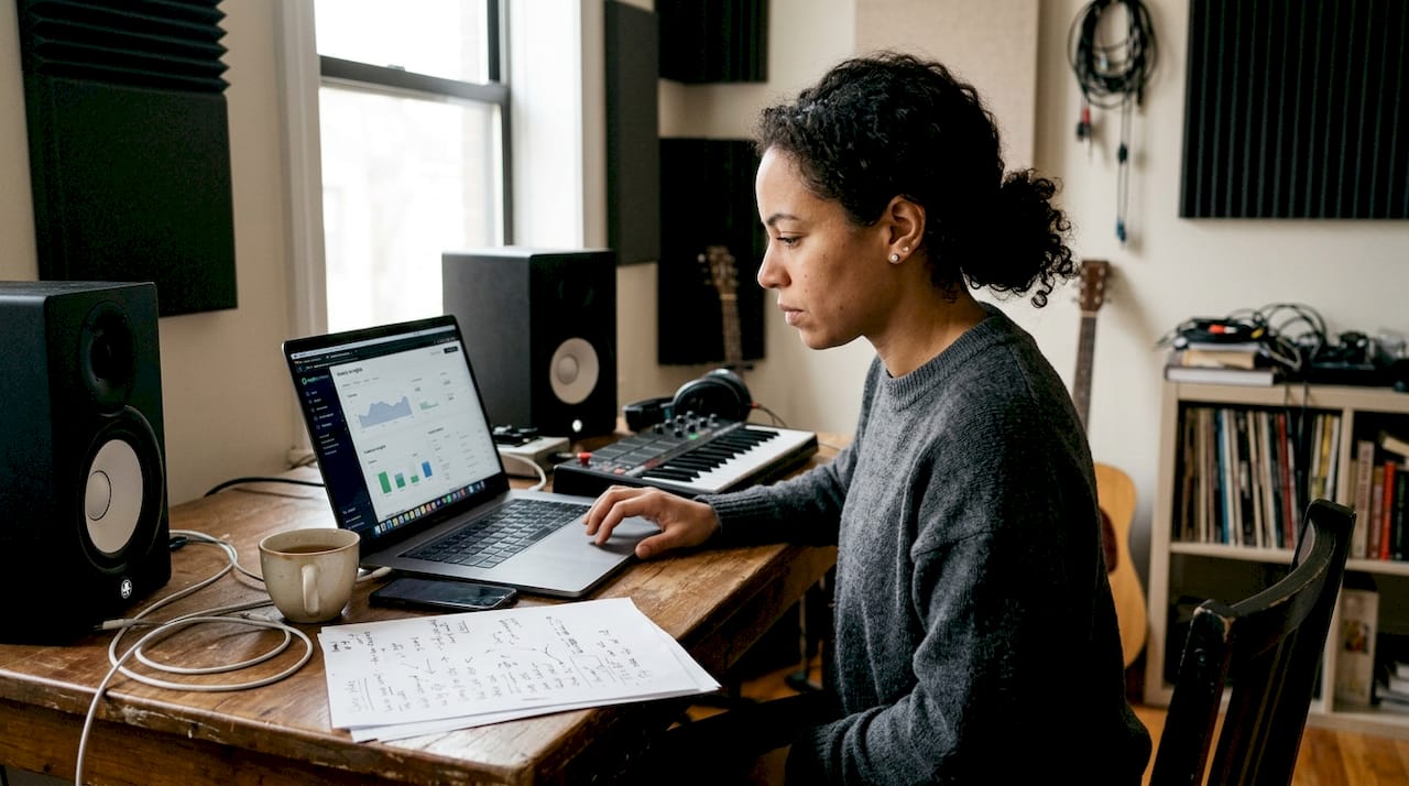 Music producer checking streaming analytics workspace