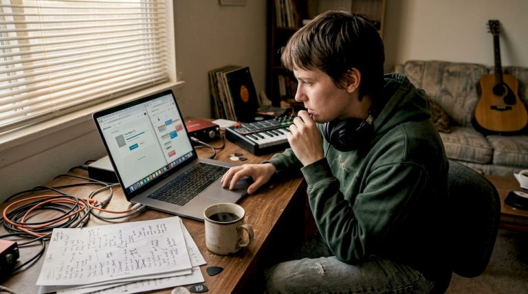 Indie musician preparing music release at desk