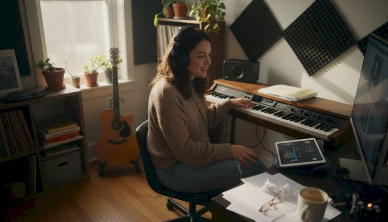 Indie artist working in home studio daytime