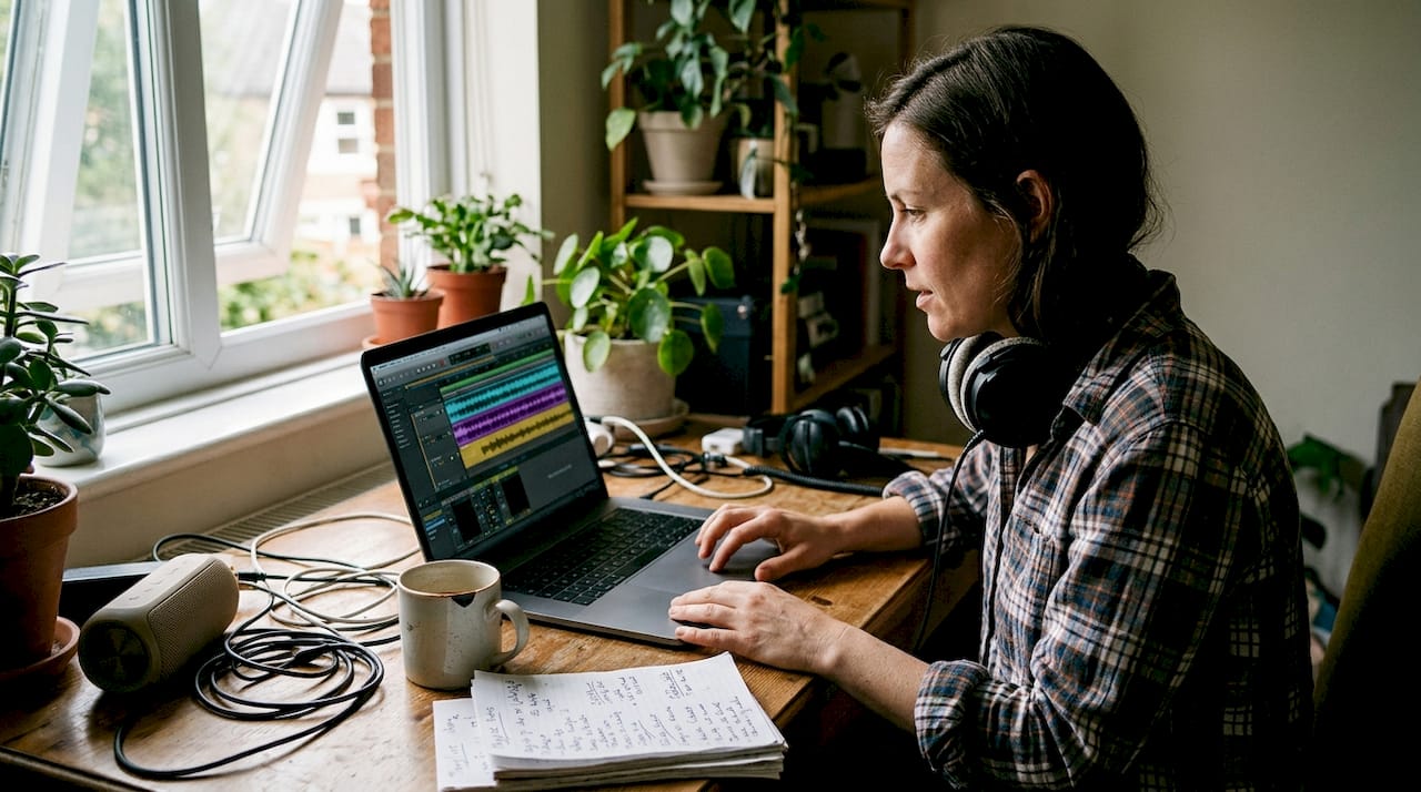 Music curator selecting playlists in home studio