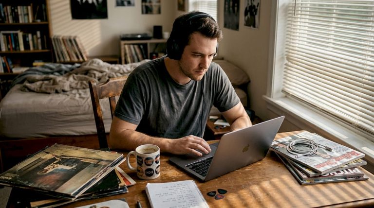 Young man listening to exclusive music release