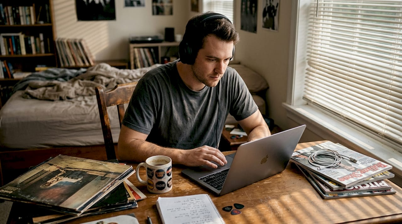 Young man listening to exclusive music release