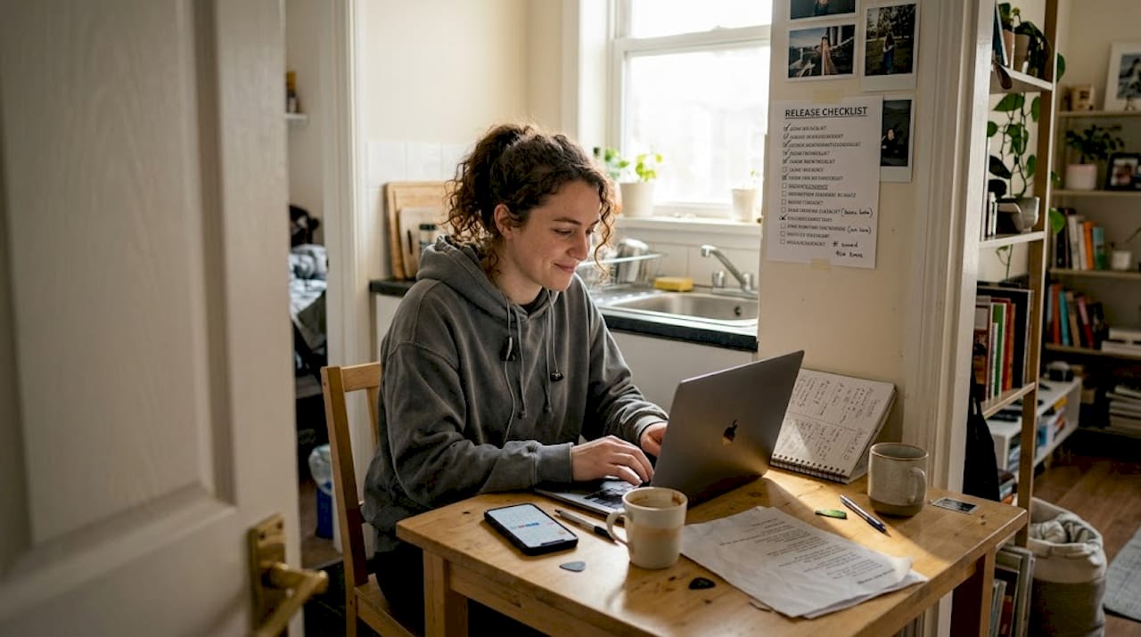 Musician planning music release at kitchen table