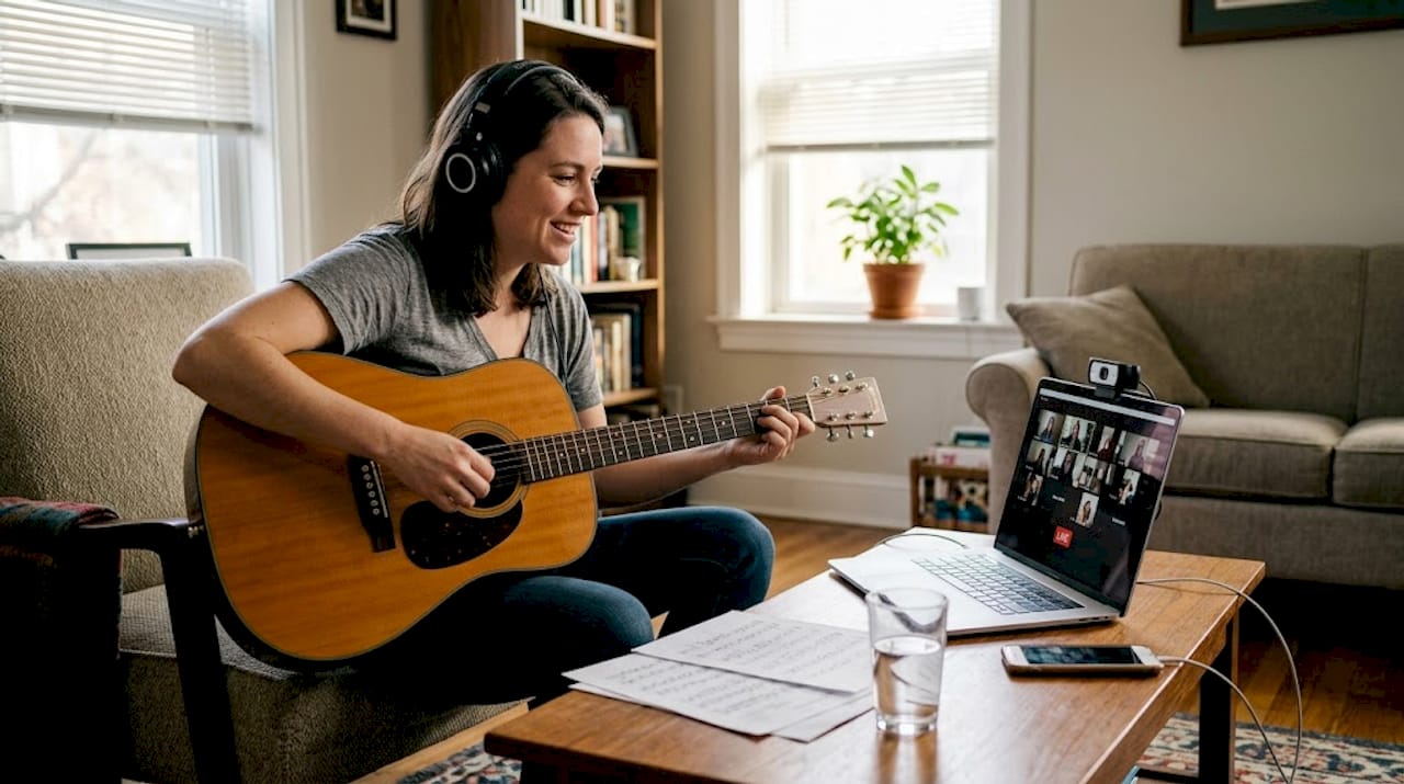 Musician livestreaming concert from living room