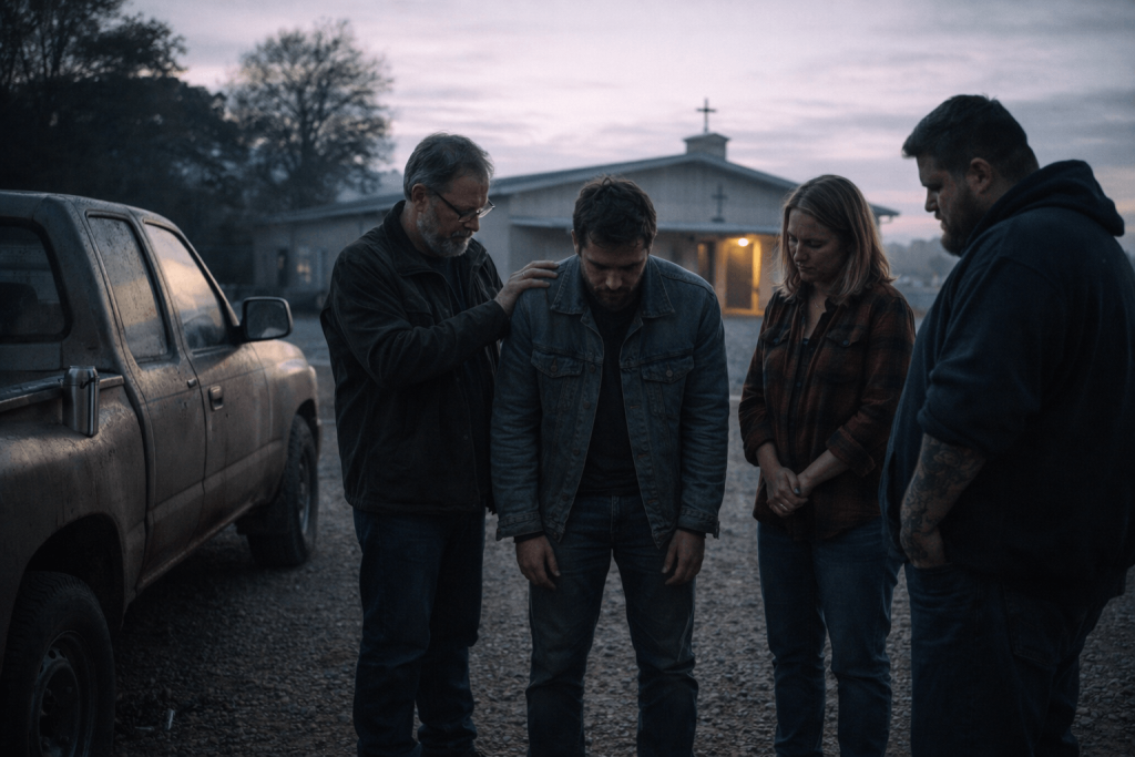 Editorial dawn image of a small group supporting a weary man in a gravel lot, representing prayer and shared hope in “Amen” by Shaboozey and Jelly Roll