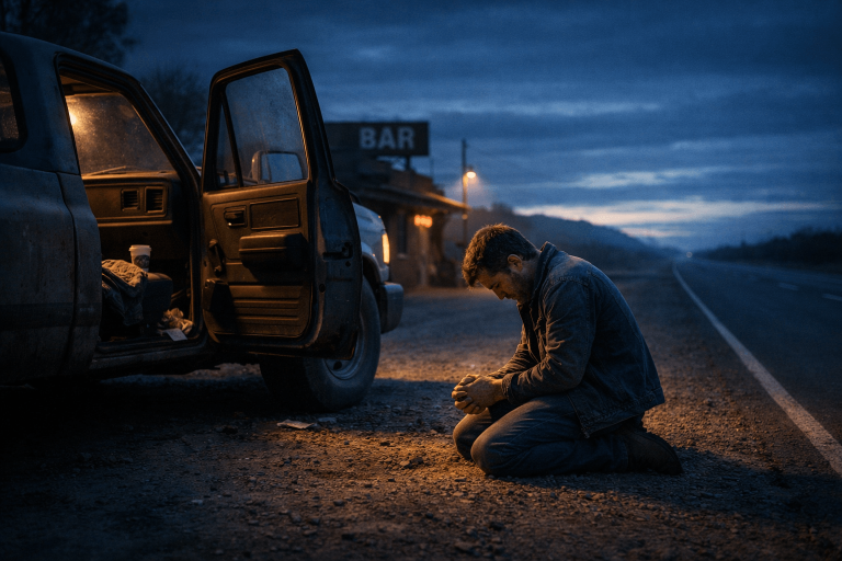 Cinematic roadside image of a man kneeling beside a dusty pickup at dawn, symbolizing the spiritual exhaustion and fragile hope in “Amen” by Shaboozey and Jelly Roll