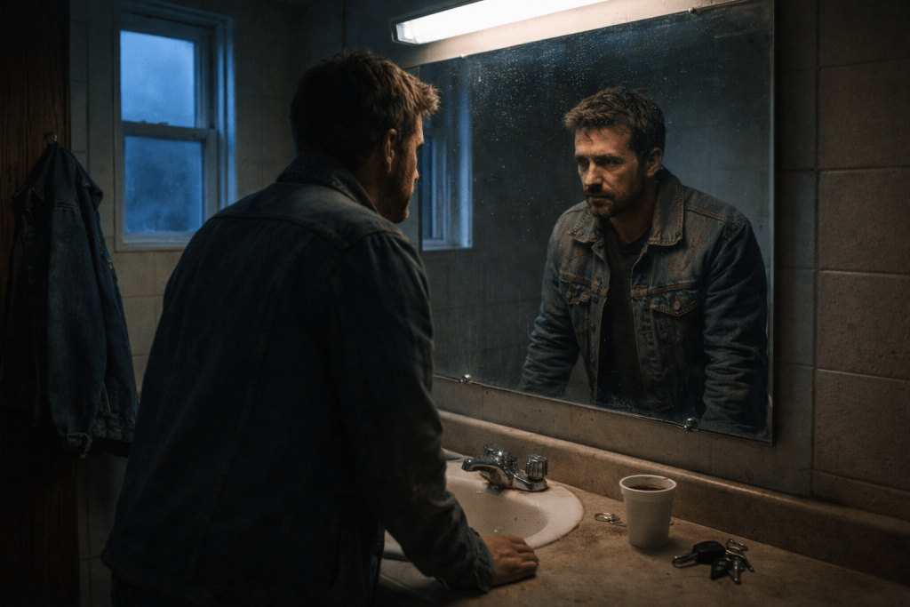 Moody editorial image of a man facing himself in a motel bathroom mirror, reflecting the shame and self-reckoning in “Amen” by Shaboozey and Jelly Roll