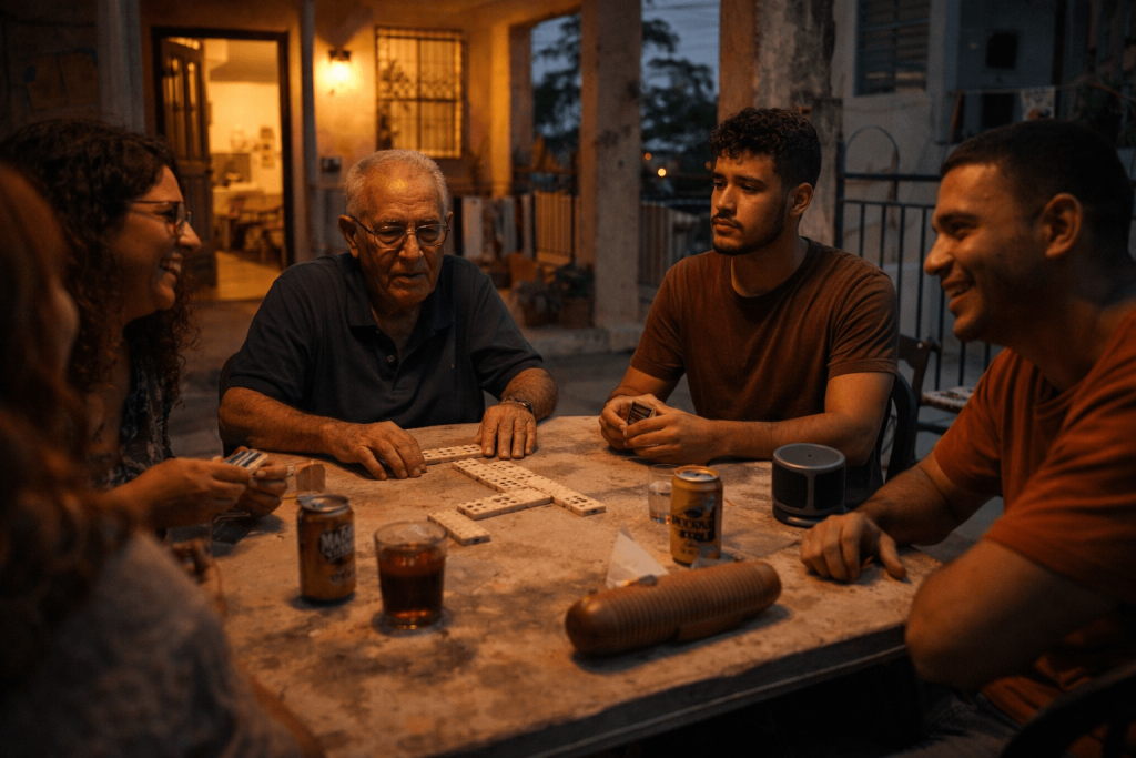 Puerto Rican family playing dominoes in a warm courtyard, reflecting the community and memory themes in Bad Bunny’s DTMF