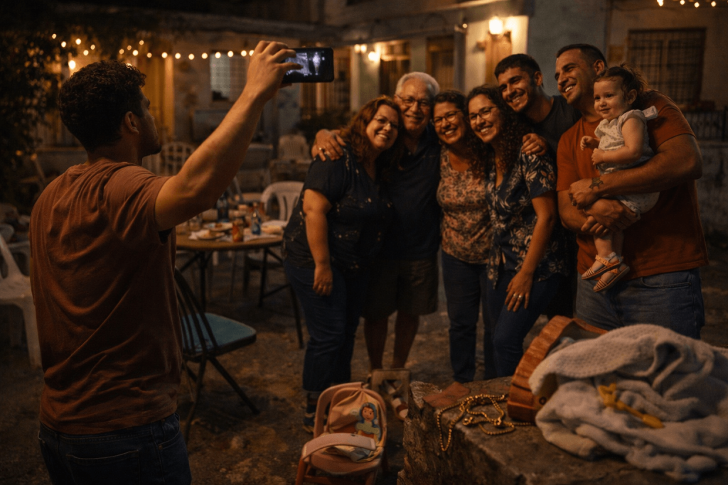 Multigenerational Puerto Rican group gathering for a photo, reflecting the memory and belonging themes of Bad Bunny’s DTMF
