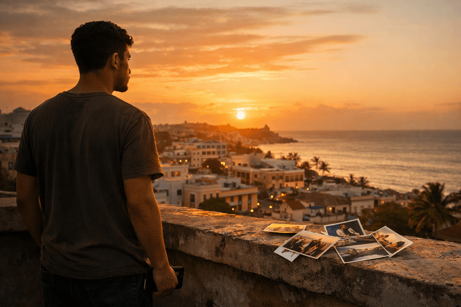 Cinematic San Juan sunset scene symbolizing Bad Bunny’s DTMF and its themes of regret, memory, and missed moments