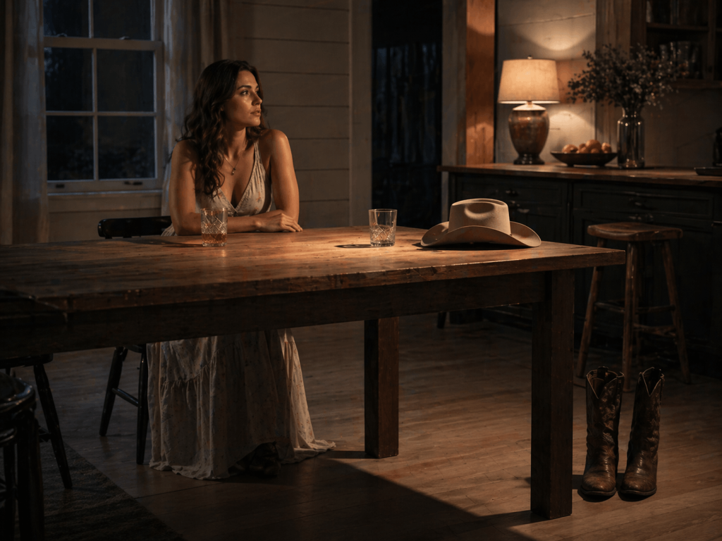 Cinematic interior image inspired by Bottom Of Your Boots showing a woman demanding honesty and commitment at a table