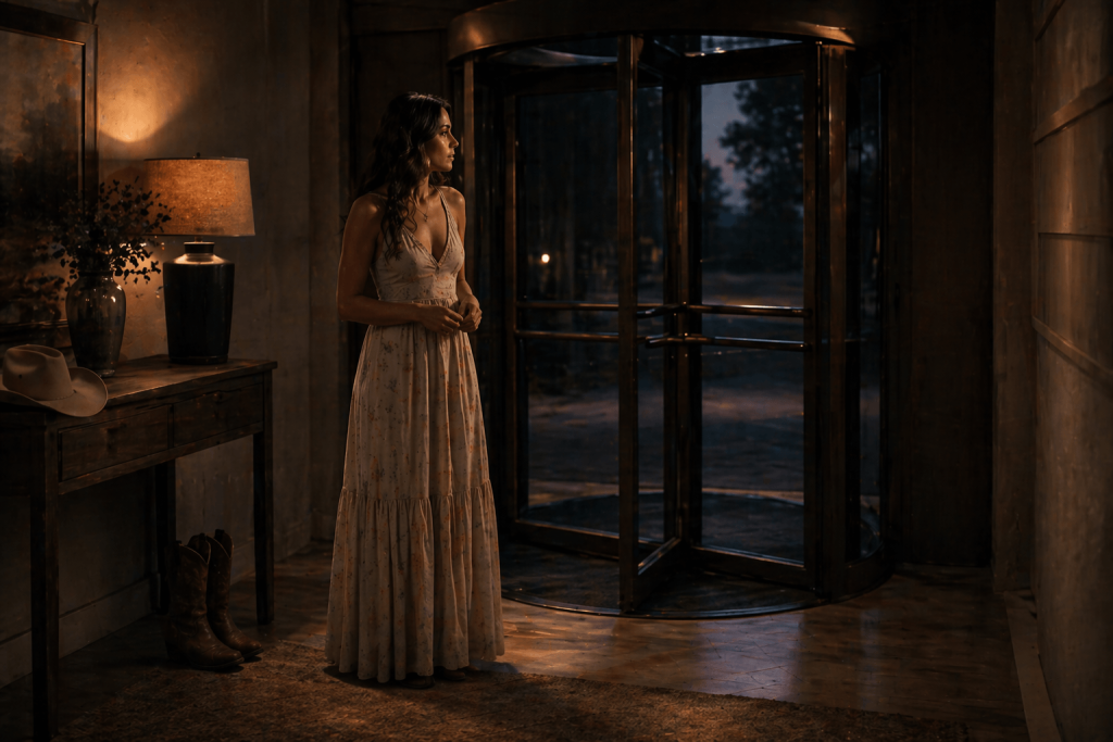 Symbolic cinematic image for Bottom Of Your Boots showing a woman near a revolving door representing unstable commitment