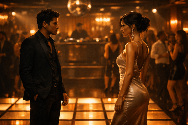 Cinematic nightclub scene showing a man and woman facing each other on a dancefloor, capturing the flirtatious chemistry and suspense at the heart of Bruno Mars’ “I Just Might”.