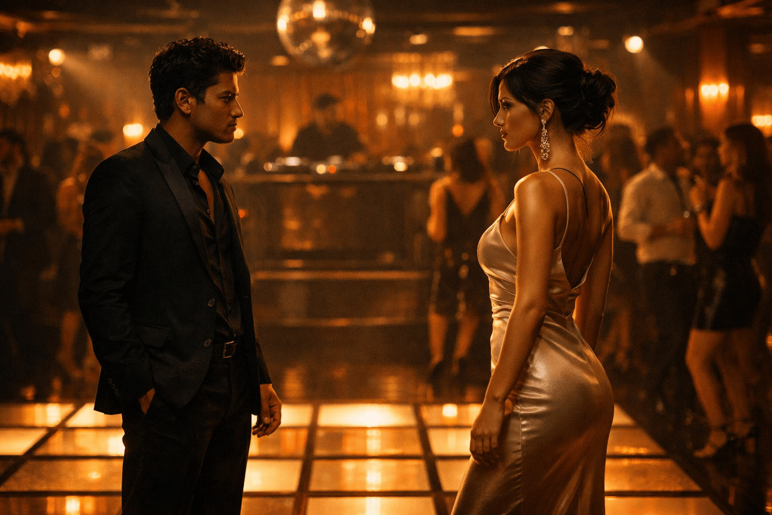 Cinematic nightclub scene showing a man and woman facing each other on a dancefloor, capturing the flirtatious chemistry and suspense at the heart of Bruno Mars’ “I Just Might”.