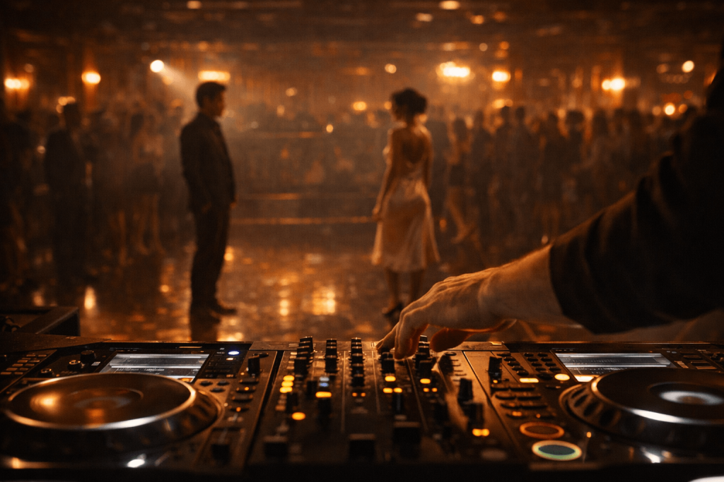 Cinematic DJ booth scene in a stylish club, symbolizing how music and timing drive the flirtation and uncertainty in Bruno Mars’ “I Just Might”.