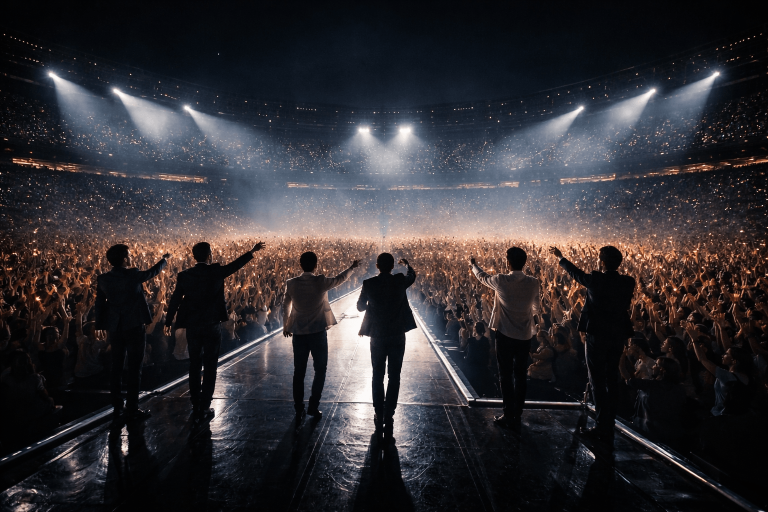 Cinematic stadium reunion scene inspired by BTS Body To Body, showing performers and audience connecting in one shared moment