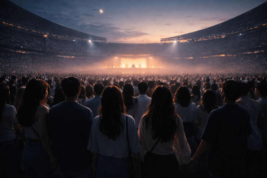 Moody dawn stadium scene inspired by BTS Body To Body, symbolizing Arirang, reunion, and collective memory