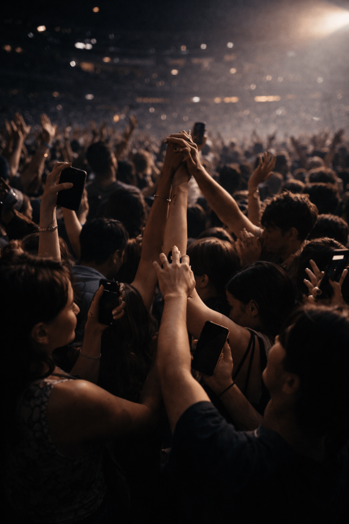 Concert crowd lowering phones and connecting physically in a symbolic image inspired by BTS Body To Body