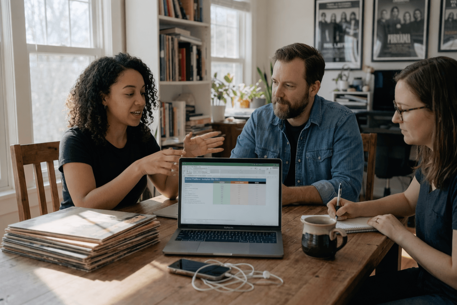 Music professionals meeting comparing platforms