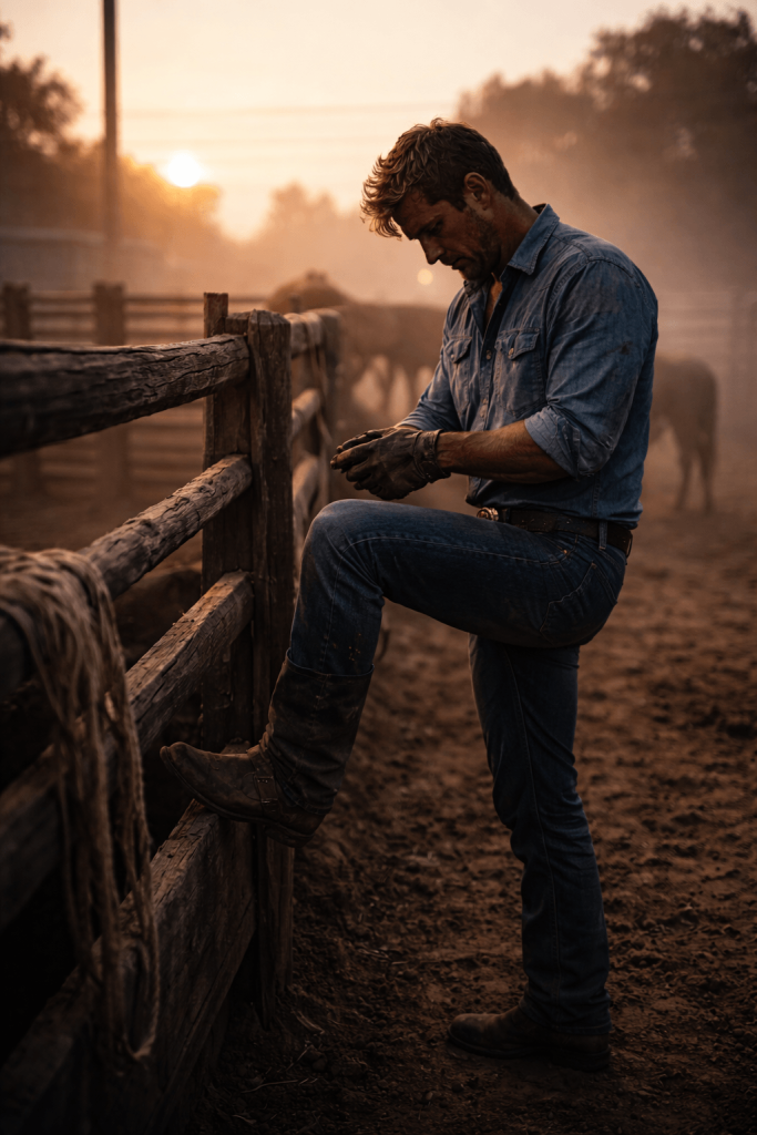 Dawn rodeo preparation scene inspired by Cody Johnson’s The Fall, symbolizing resilience and the choice to climb back on