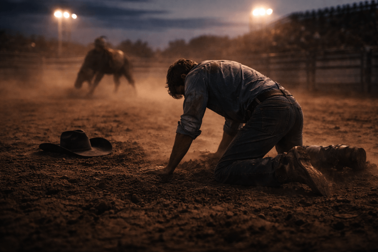 Cinematic rodeo fall scene inspired by Cody Johnson’s The Fall, showing pain, resilience, and the value of the ride