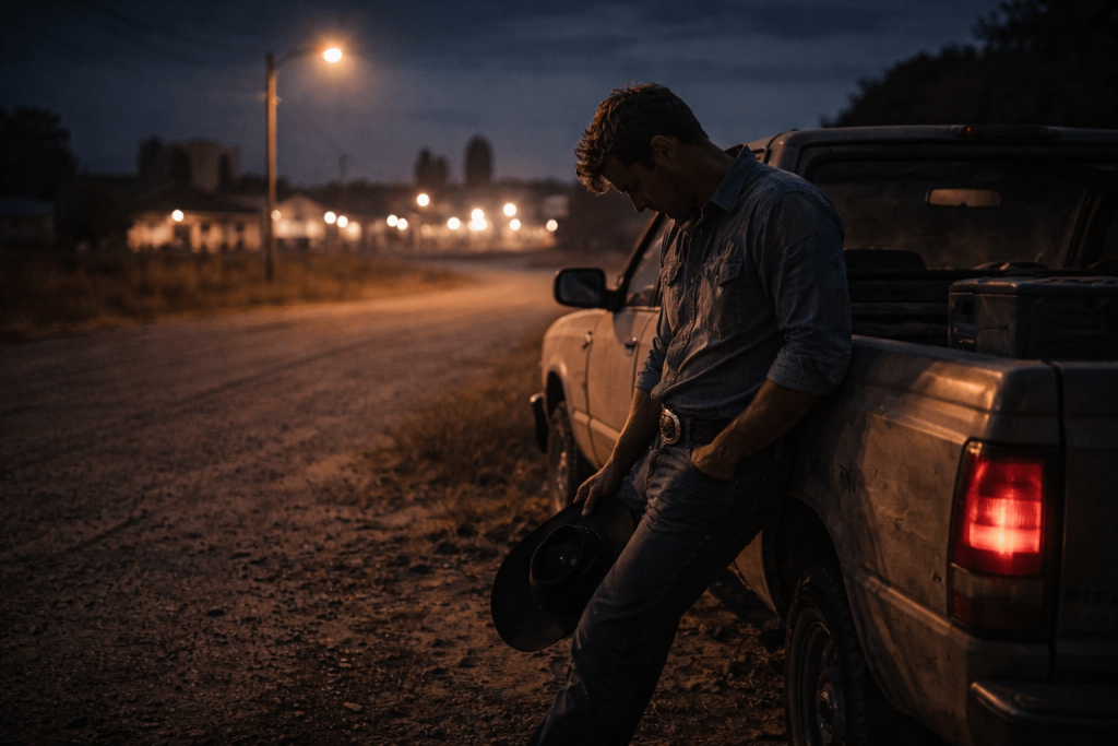 Moody small-town roadside image inspired by Cody Johnson’s The Fall, symbolizing regret, distance, and the miles of a life lived