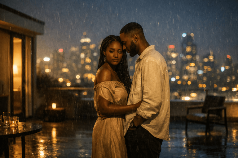 Cinematic rooftop scene of a man and woman standing together in soft rain, symbolizing the romantic and emotionally vulnerable meaning of Dave and Tems’ “Raindance.”