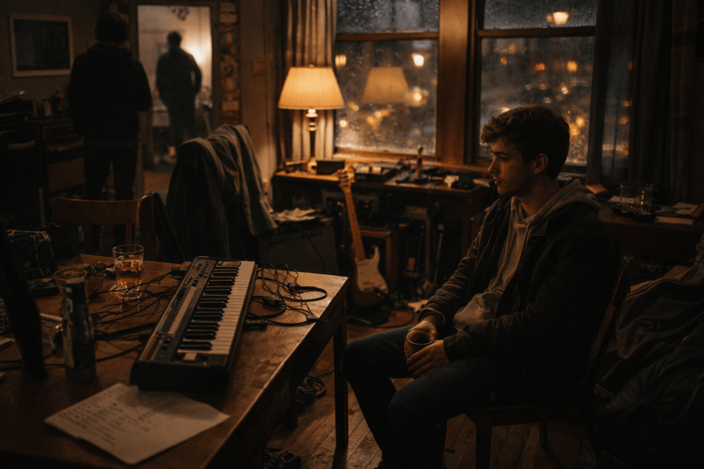 Cinematic apartment rehearsal room image representing Djo End of Beginning as a song about youth, creative community, and life before adulthood fully arrived