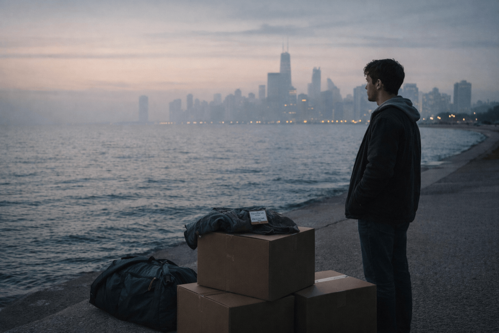 Editorial dawn image of a man by Lake Michigan with Chicago in the distance, symbolizing the bittersweet goodbye at the heart of Djo’s End of Beginning
