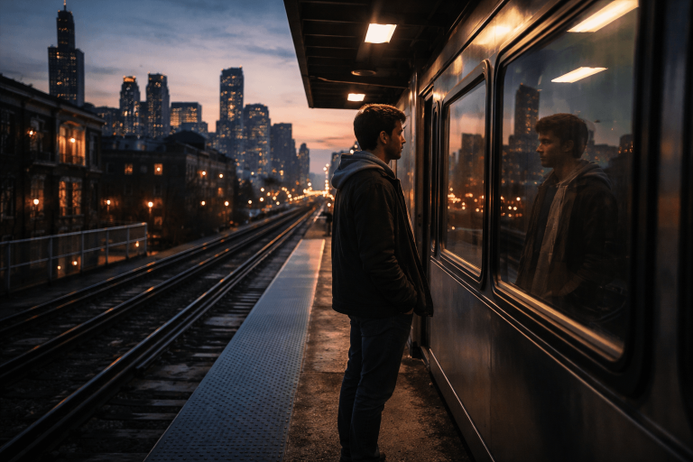 Moody cinematic image of a man on a Chicago train platform seeing his younger self reflected in a train window, symbolizing the meaning of Djo’s End of Beginning