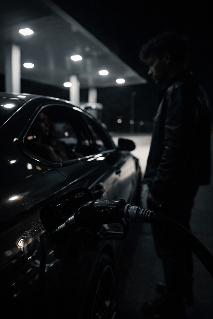 Symbolic gas station image inspired by Don Toliver’s “E85”, showing fuel as a metaphor for desire and emotional volatility