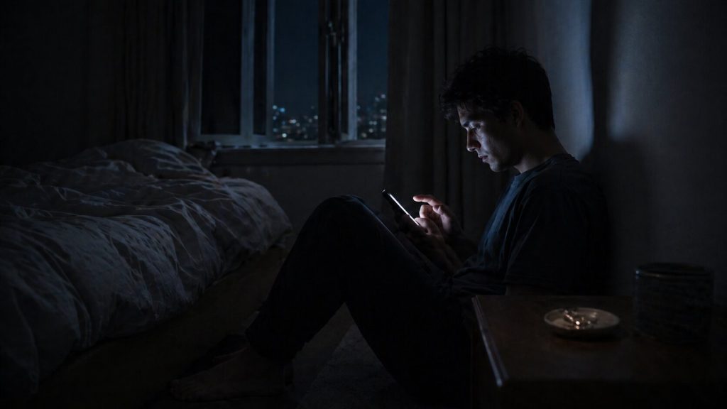 Young man hesitates over an unsent phone message in a dark bedroom with earrings nearby