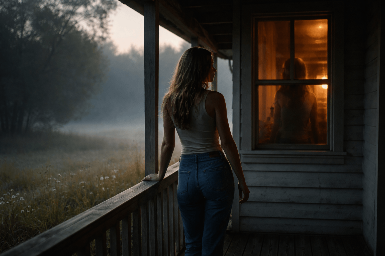 Woman standing on a country porch at dawn, looking toward a warm-lit window in a cinematic scene inspired by Ella Langley’s “Be Her”