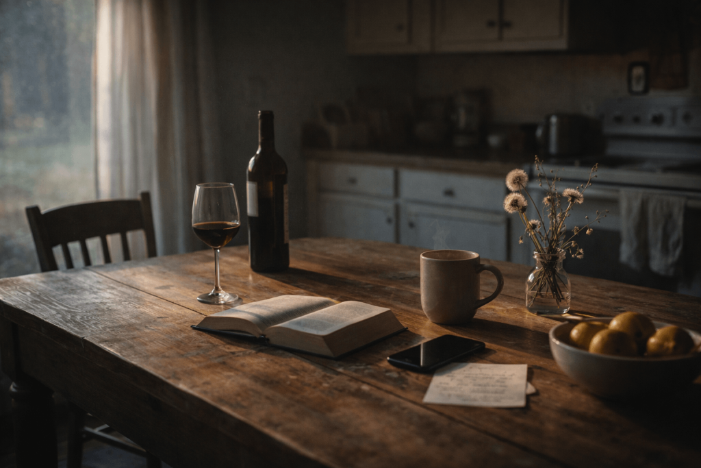 Country kitchen still life with a single glass of wine, Bible, phone, and dandelions symbolizing the meaning of Ella Langley’s “Be Her”