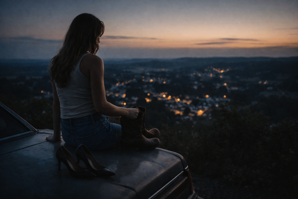 Woman at a rural overlook with boots and heels at twilight, symbolizing grounded selfhood in Ella Langley’s “Be Her”