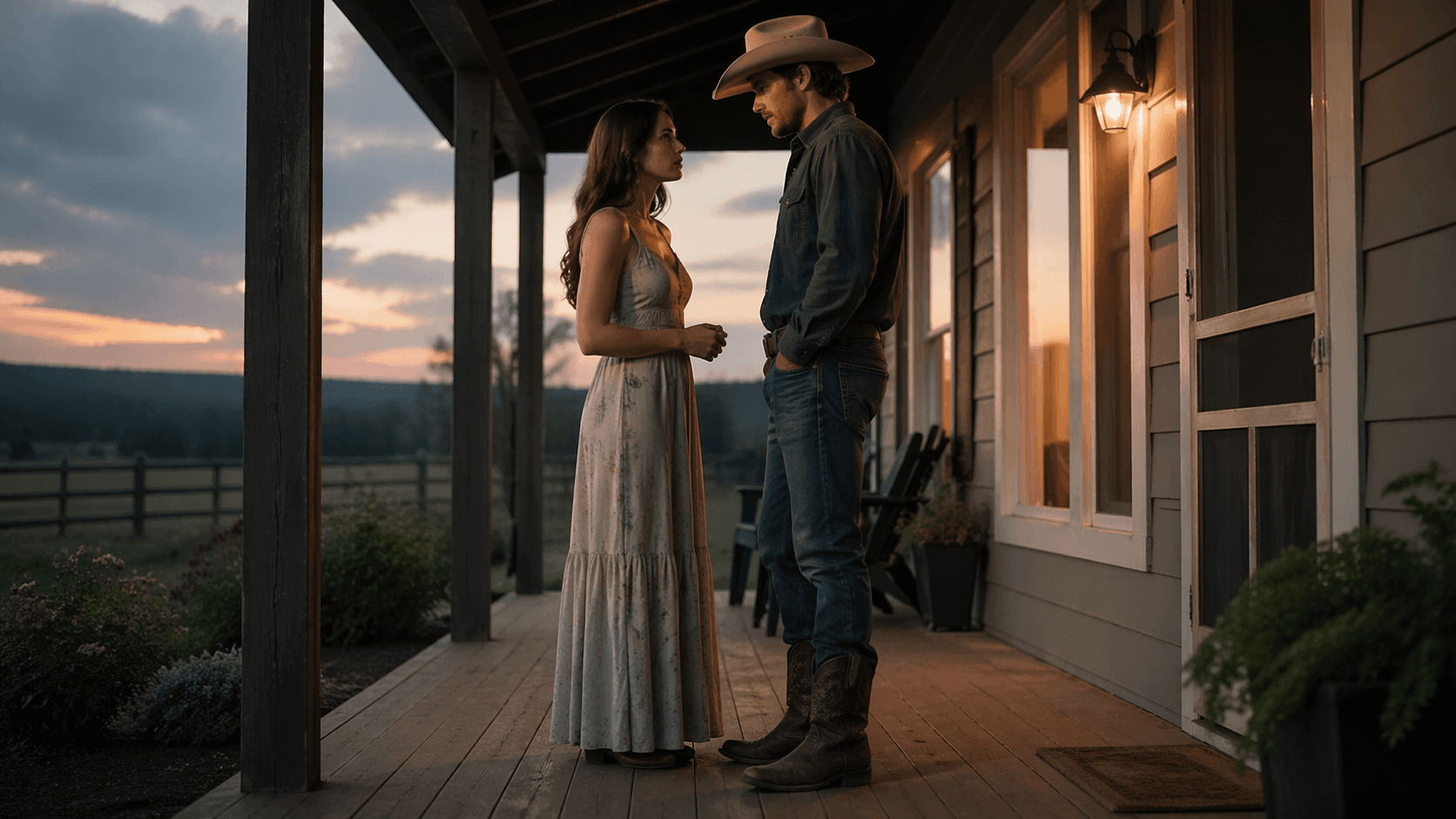Ella Langley-inspired cinematic country scene showing a woman asking for wholehearted love on a rural porch at dusk