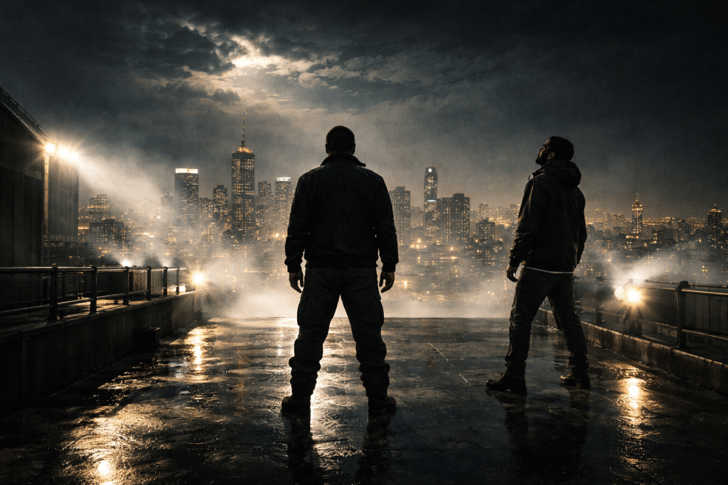 Two symbolic figures above a city skyline representing the comeback, status, and mythic power in Ye and Travis Scott’s “Father”