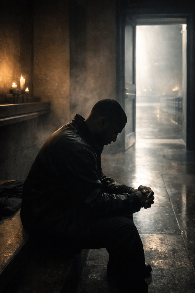 Moody prayer-room image symbolizing the spiritual tension and divine dependence in Ye and Travis Scott’s “Father”