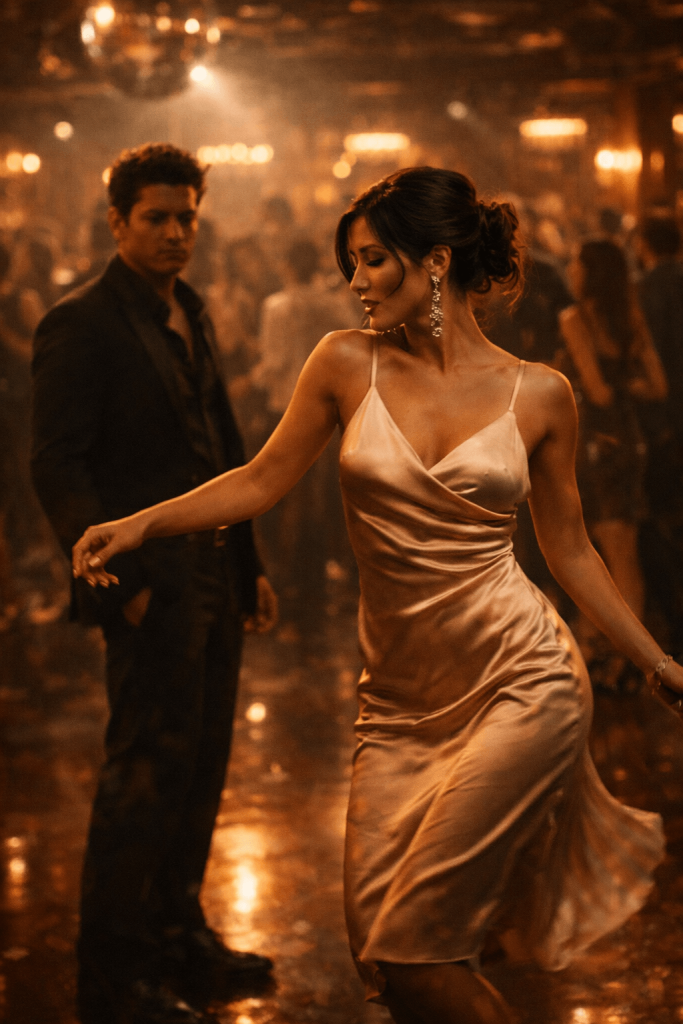 Editorial dancefloor image of a woman moving confidently to the beat while a man watches, symbolizing the rhythm test and romantic chemistry in “I Just Might”.