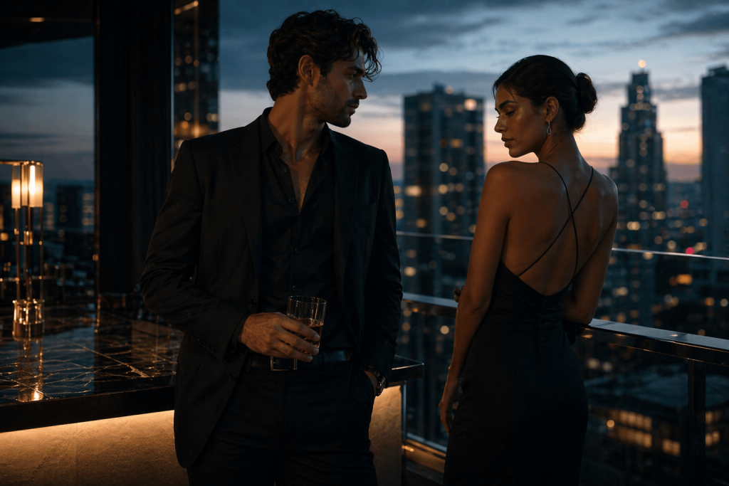 Stylish pre-dawn rooftop scene with two figures capturing the shared nocturnal chemistry of the Jennie remix of “Dracula”