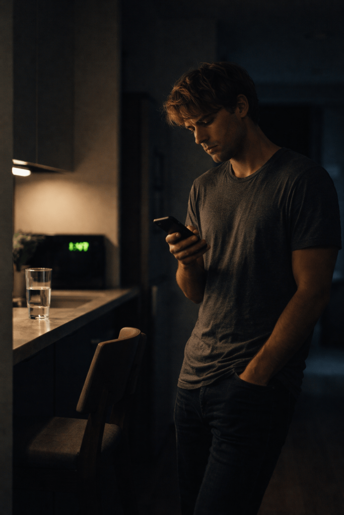 Cinematic image of a man waiting with his phone at night, representing the anxiety and longing in Justin Bieber’s “Daisies”.