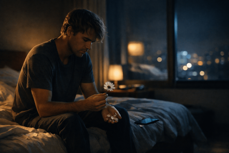 Moody cinematic scene of a man holding a daisy alone at night, symbolizing romantic uncertainty in Justin Bieber’s “Daisies.”
