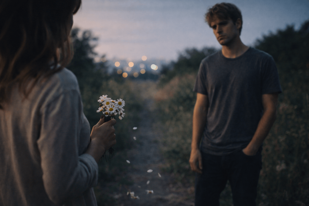 Editorial dusk image of a couple separated by subtle emotional distance with daisies, inspired by Justin Bieber’s “Daisies”.