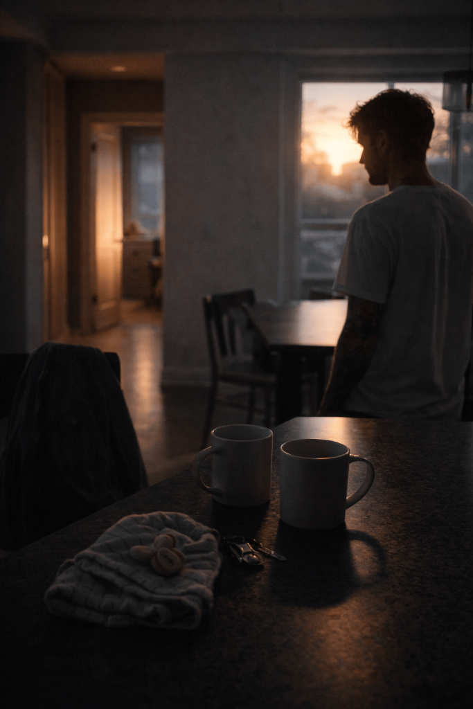 Quiet domestic morning scene inspired by Justin Bieber’s Yukon, symbolizing love as identity, home, and emotional dependence