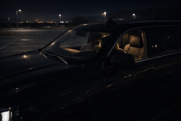 Cinematic SUV parking-lot scene inspired by Justin Bieber’s Yukon, symbolizing intimate memory and the beginning of committed love