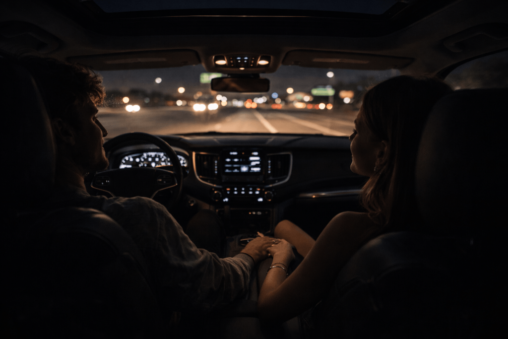 Moody night-drive image inspired by Justin Bieber’s Yukon, representing private intimacy, coded love, and shared movement