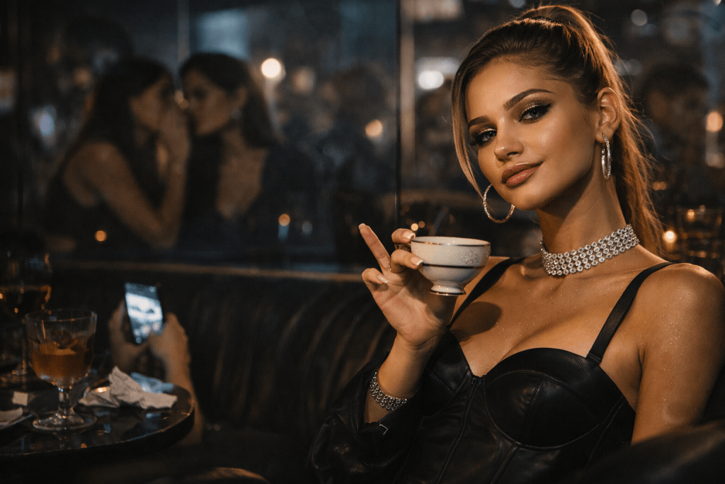 Editorial nightlife image of a woman raising a teacup with her pinky up while blurred figures whisper in the background