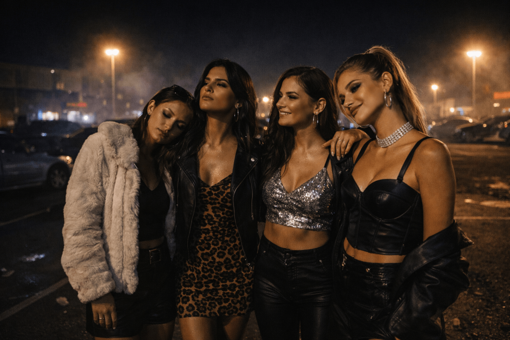 Cinematic image of a stylish female friend group standing together in a parking lot after a rave, symbolizing solidarity in KATSEYE’s Pinky Up